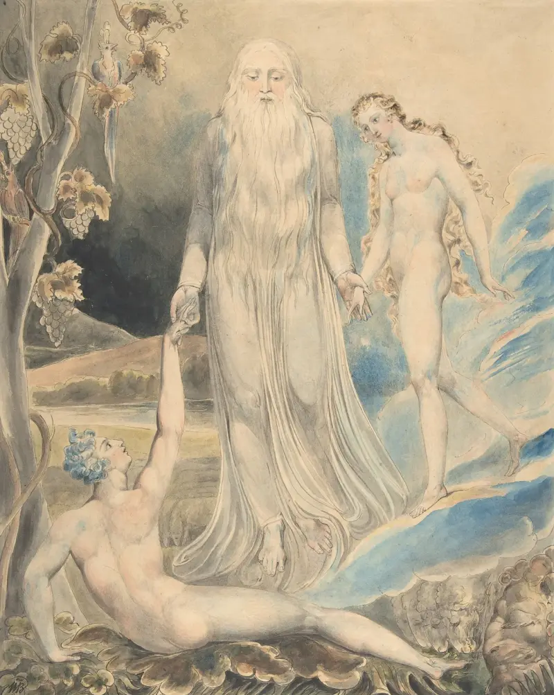 Ängeln med den gudomliga närvaron för Eva till Adam av William Blake