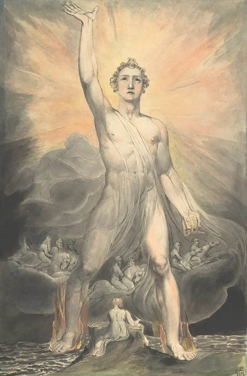Ängeln från Uppenbarelseboken (Uppenbarelseboken, kapitel 10) av William Blake