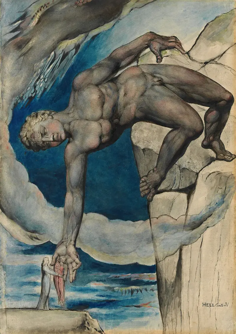 Antaios sätter ner Dante och Vergilius i helvetets sista krets av William Blake