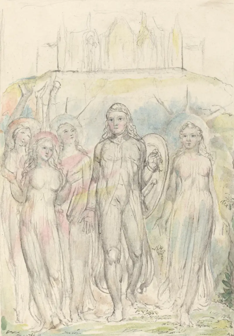 Kristen med trons sköld tar farväl av sina följeslagare av William Blake