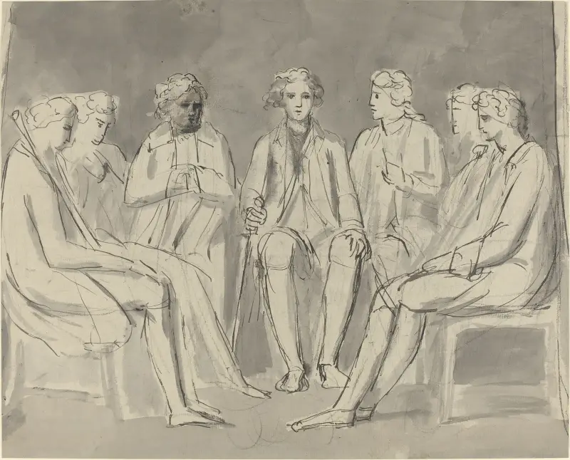 Grupp av män sittande i en cirkel (recto) av William Blake