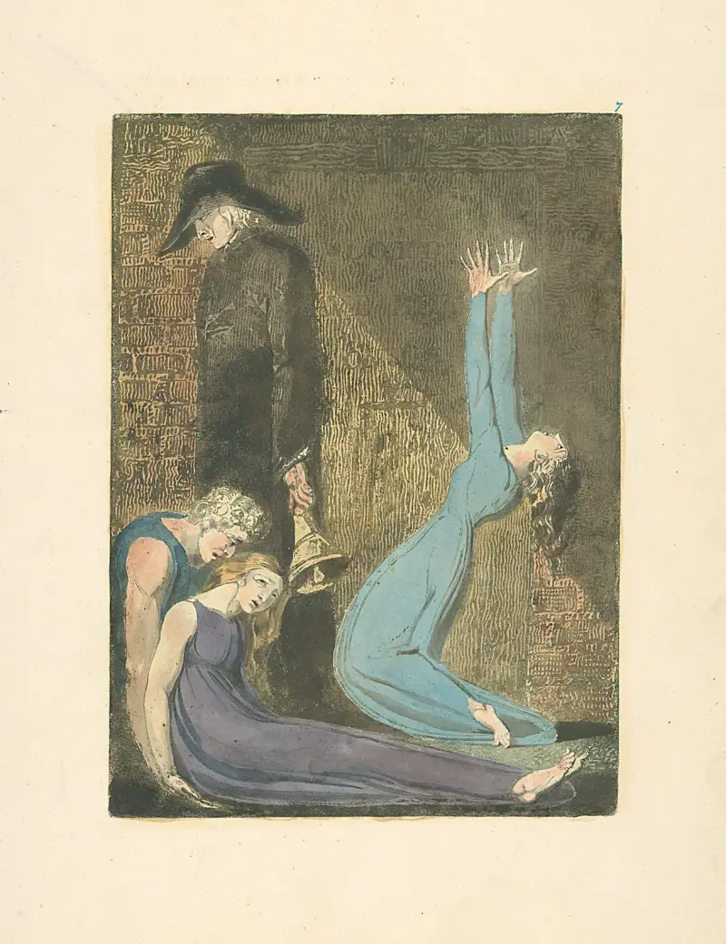 Man som stöder liggande kvinna, åldrad man med klocka och kvinna i blå klänning med uppsträckta armar i bön av William Blake