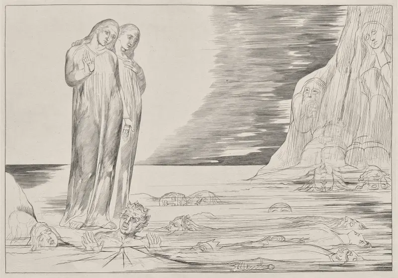 Förrädarnas krets; Dantes fot som träffar Bocca degli Abbate, ur Dantes Inferno av William Blake