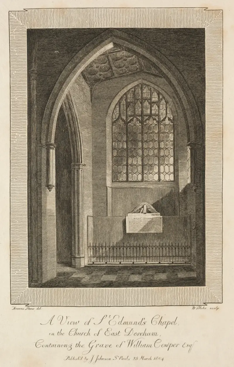 Vy över Sankt Edmunds kapell i East Derehams kyrka, med William Cowpers grav av William Blake