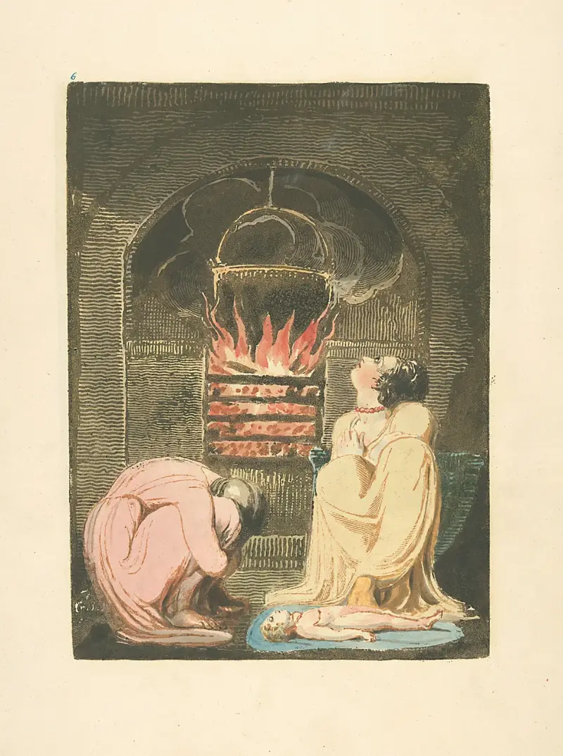 Kvinna och barn framför öppen spis av William Blake