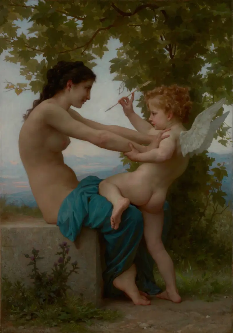 En ung flicka försvarar sig mot Eros av William Bouguereau