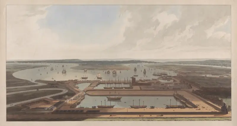 Vy över East India Docks av William Daniell