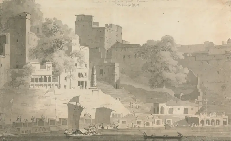 Bramha och Nursingdara Ghat, Varanasi av William Daniell