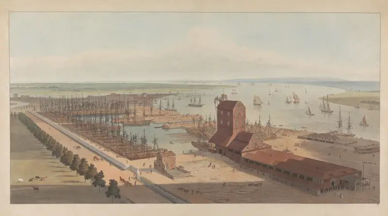 Brunswick Dock on the Thames at Blackwall av William Daniell