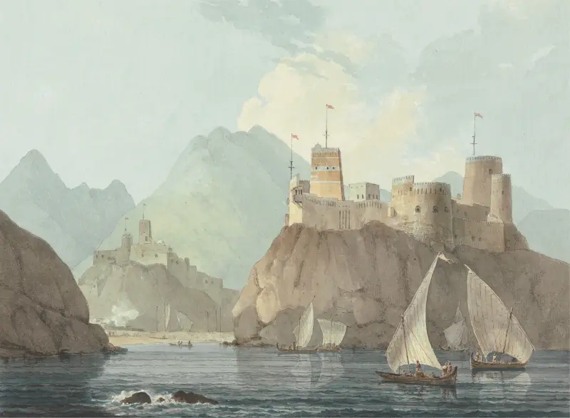 Wschodni widok fortów Jellali i Merani, Maskat, William Daniell