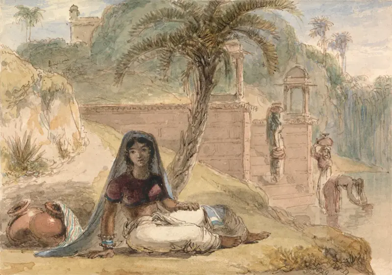 Indisk flicka sittande vid en flod av William Daniell