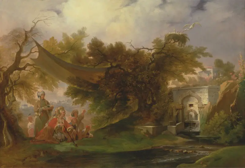 Indiskt landskap med figurer vid en bäck av William Daniell