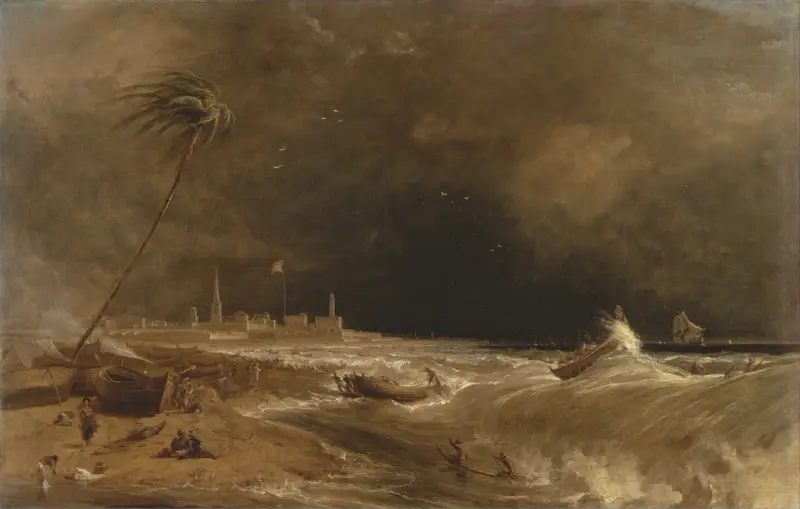 Madras, eller Fort St. George, i Bengaliska viken — en byig vind passerar av William Daniell