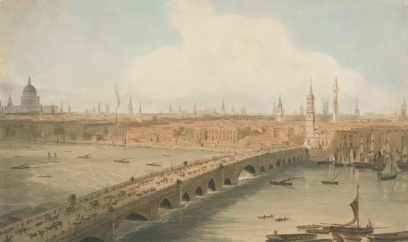 Vy över London Bridge och Sankt Paulskatedralen av William Daniell