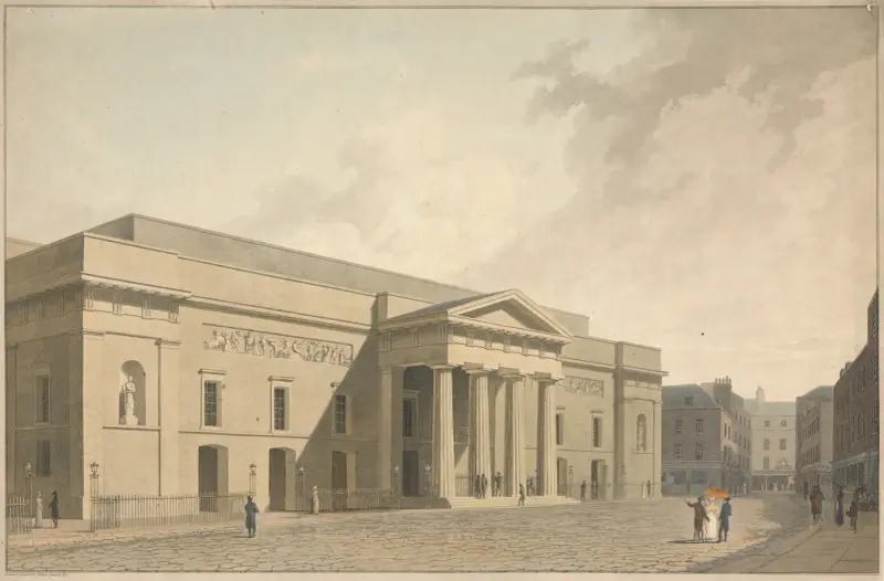 Vy över östra fasaden av New Theatre Royal Covent Garden av William Daniell