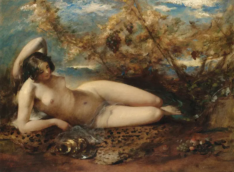 Eine junge Frau auf einem Fell liegend von William Etty