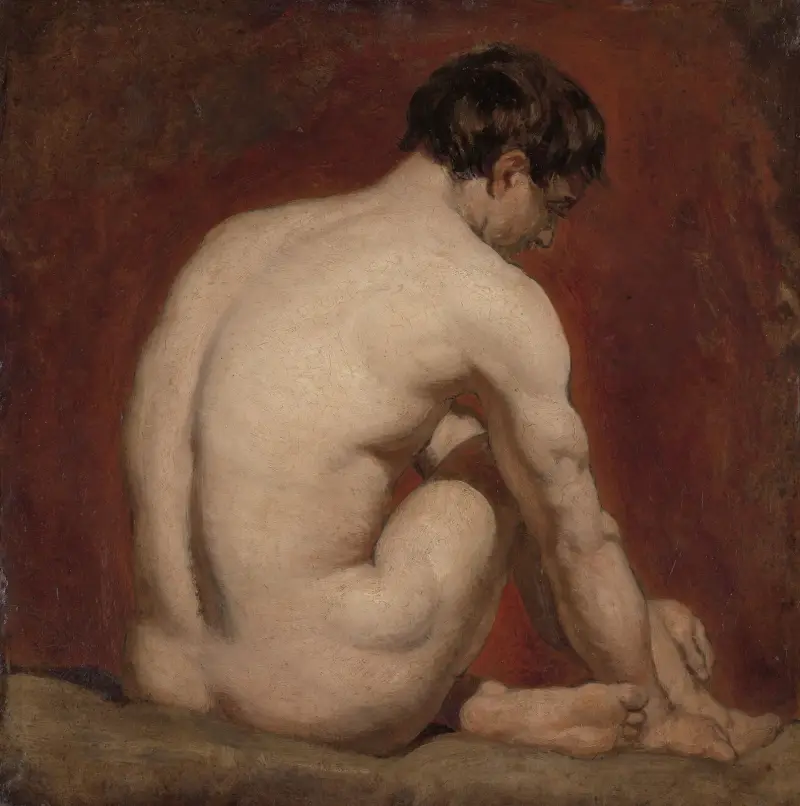 Manlig nakenfigur, knäböjande, bakifrån av William Etty
