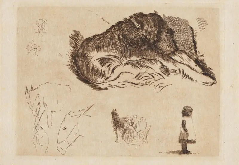 Sovande hund, hästar, barn och andra små skisser av Alfred William Finch