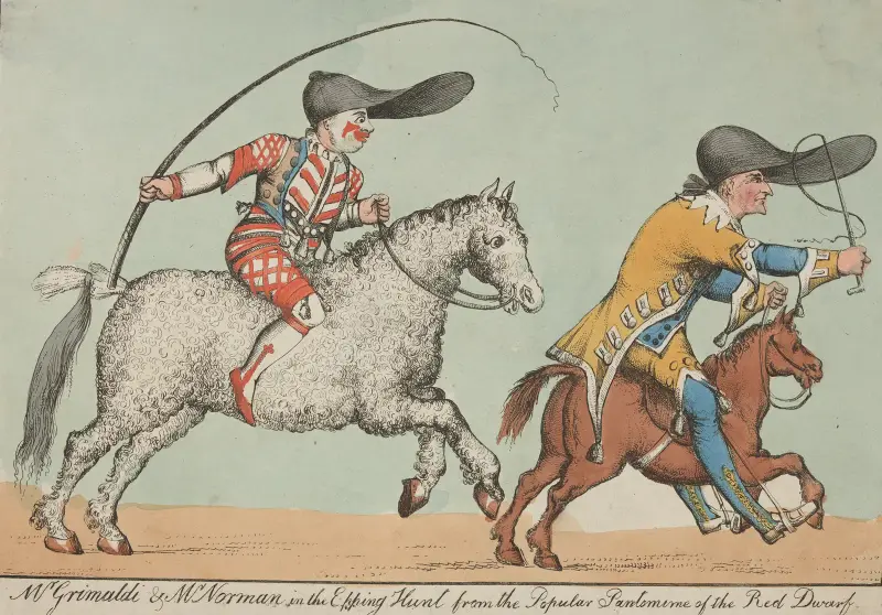 Mr. Grimaldi och Mr. Norman i Epping Hunt, från den populära pantomimen Röda dvärgen av William Heath