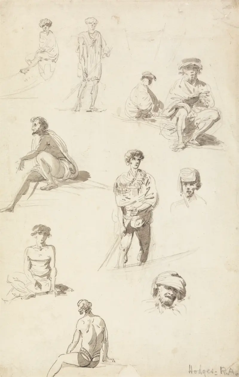 Ark med studier av orientaliska figurer av William Hodges