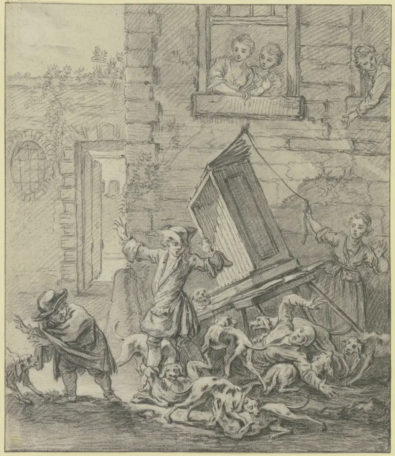 Orgelleute werden von beißenden Hunden über den Haufen geworfen von William Hogarth