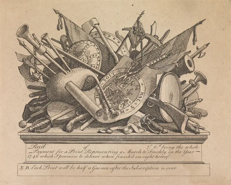 Prenumerationsbiljett till Marschen till Finchley av William Hogarth