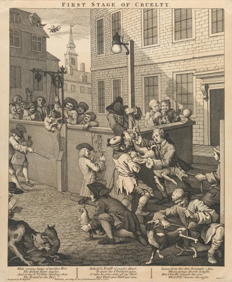 Första stadiet av grymhet; först, barn som plågar djur av William Hogarth
