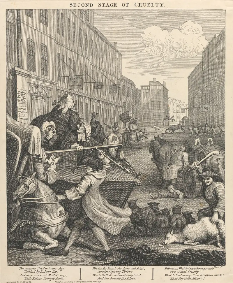 Drugi etap okrucieństwa; drugi, woźnica bije upadłego konia, William Hogarth