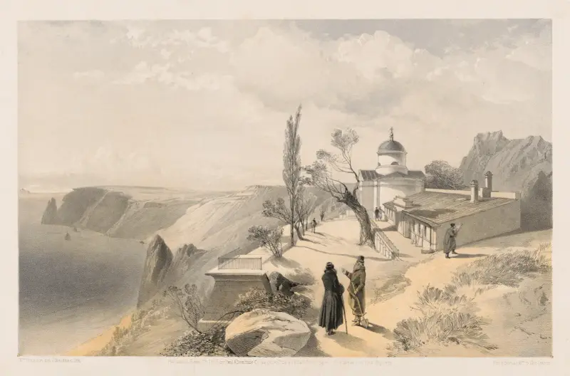 The Monastery of St. George and Cape Fiolente, looking west (1855_1855) av William Simpson