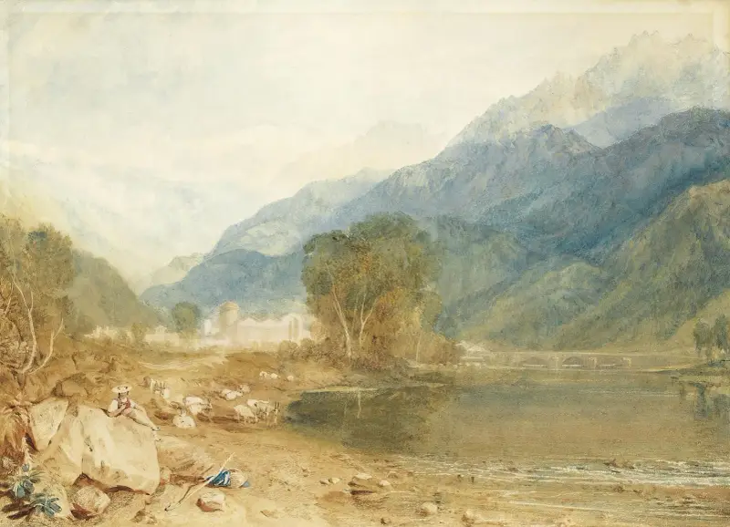 Utsikt från slottet Saint-Michel i Bonneville, Savojen, från floden Arves strand av Joseph Mallord William Turner