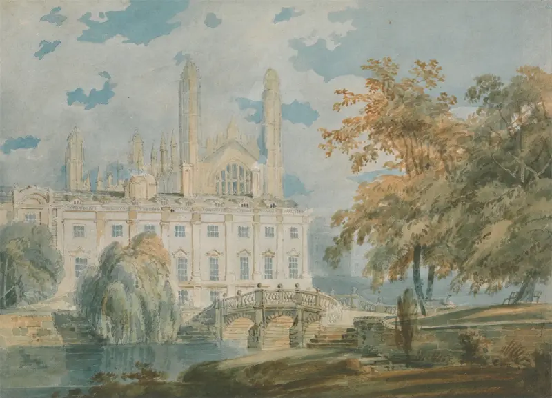 Clare Hall och King's College Chapel, Cambridge, från floden Cams strand av Joseph Mallord William Turner