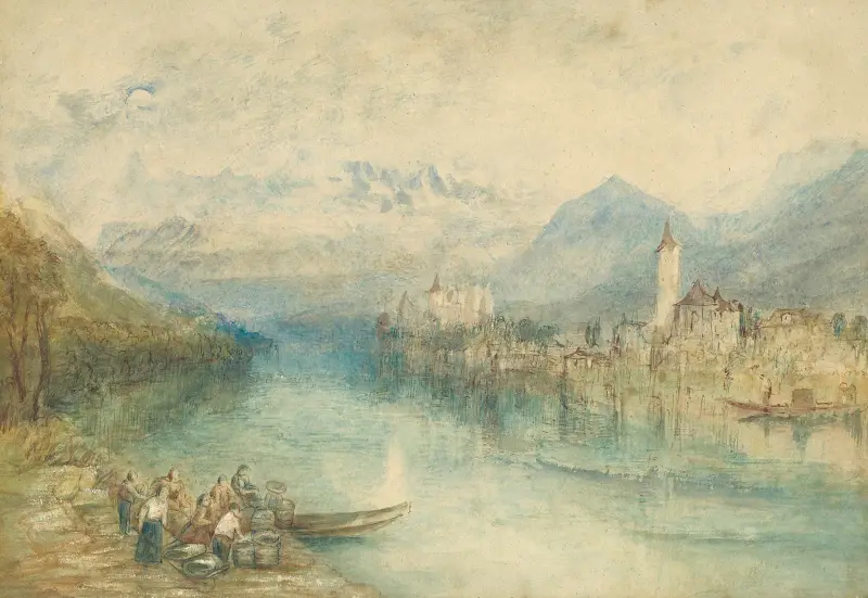 Blick auf den Thunersee, von der gegenüberliegenden Seite bei Scherzligen, mit Schloss Schadau und dem Niesen in der Ferne, Schweiz von Joseph Mallord William Turner