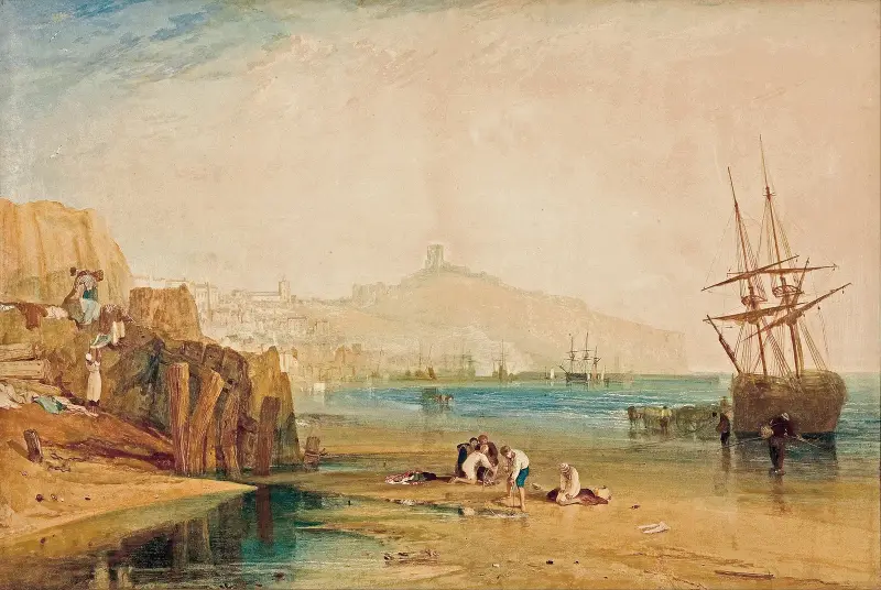 Scarborough, stad och slott; morgon; pojkar som fiskar krabbor av Joseph Mallord William Turner