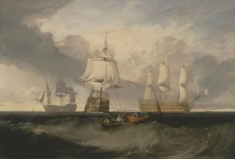 Segerfartyget återvänder från Trafalgar, i tre positioner av Joseph Mallord William Turner