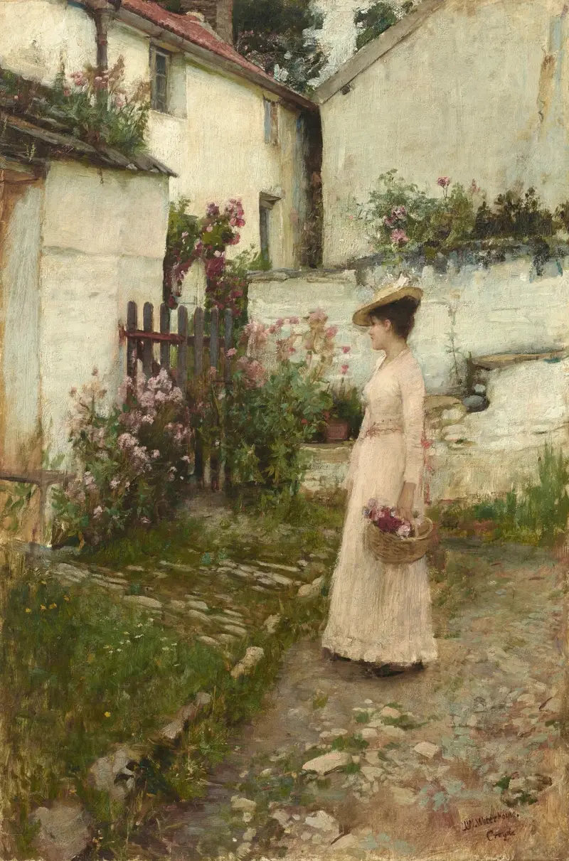 Blomsterplockning i en trädgård i Devonshire av John William Waterhouse