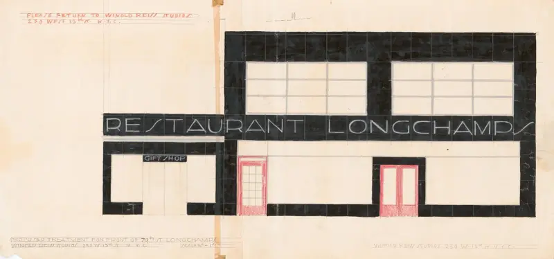 Entwurf für das Longchamps Restaurant, 79th St., New York, NY – Vorschlag für die Fassadengestaltung des Restaurants von Winold Reiss