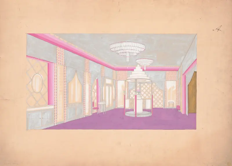 Förslag till Lentheric-salongen, Fifth Ave. & 58th St., Savoy-Plaza Hotel, New York, NY. Perspektivskiss av Winold Reiss