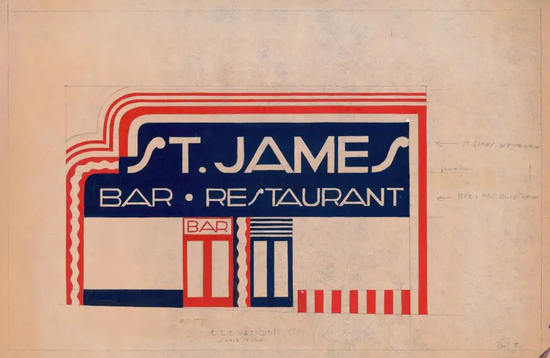 Ritningar och fotografier för ombyggnad av St. James Bar Restaurant, W. 181st St. och Broadway, New York, NY. Studie av fasad av Winold Reiss