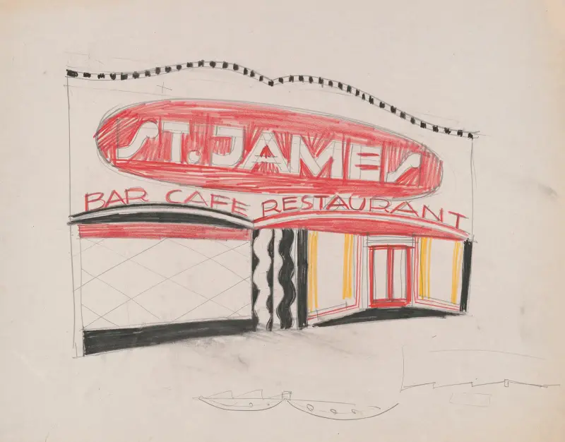 Designs and photographs for alterations to St. James Bar Restaurant, W. 181st St. and Broadway, New York, NY.] [Sketch for exterior perspective elevation and plan av Winold Reiss