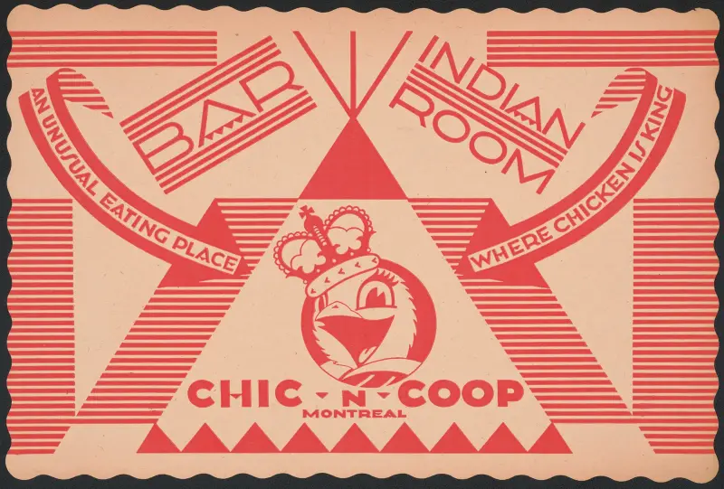 Förslag till Indian Room, Chic-n-Coop Restaurant, Montreal, Kanada. Design av bordsunderlägg med kycklingfigur med krona av Winold Reiss