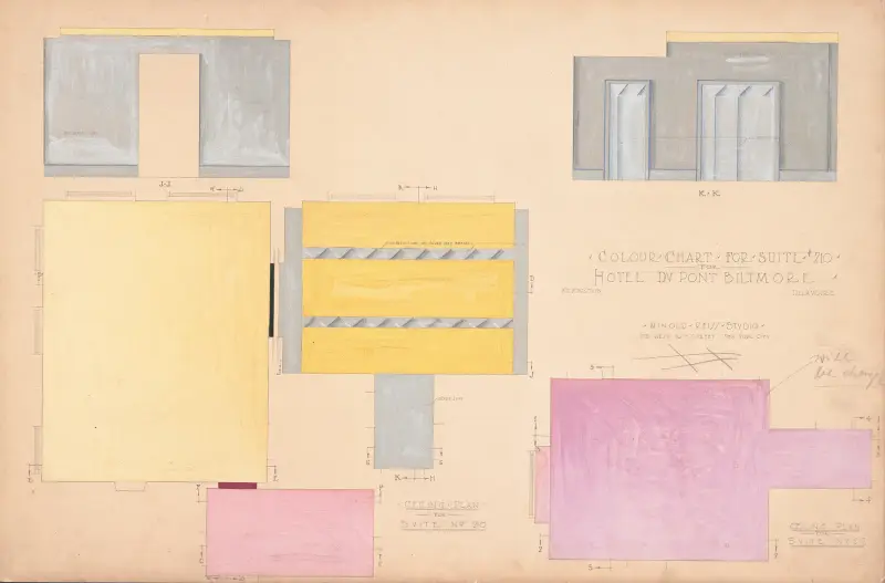 Entwürfe für eine moderne Hotelsuite, Du Pont Biltmore Hotel, Wilmington, Delaware – Farbkarte für Suite 210 von Winold Reiss