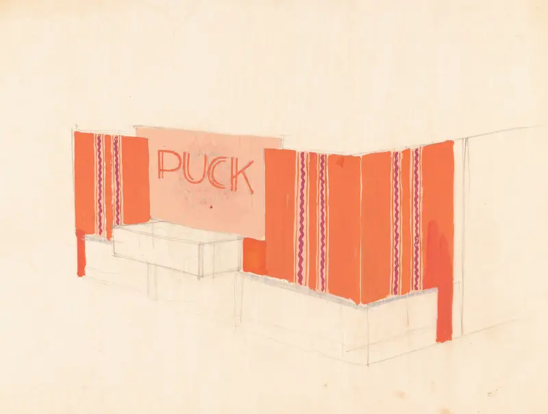 Förslag till Puck Theater (senare Elgin Movie Theater, därefter Joyce Movie Theater), New York, NY. Exteriör perspektivstudie, 1941 – nr 3 av Winold Reiss