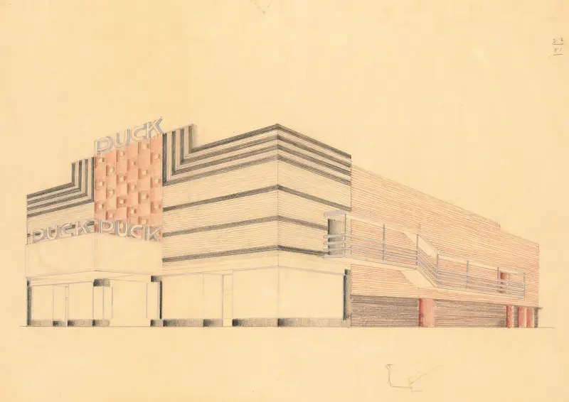 Förslag till Puck Theater (senare Elgin Movie Theater, därefter Joyce Movie Theater), New York, NY. Exteriör perspektivstudie, 1941 – nr 4 av Winold Reiss