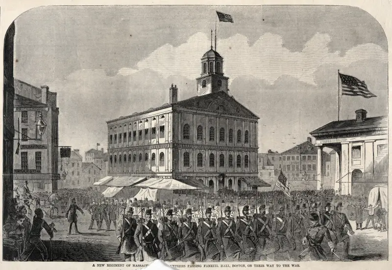 Ett nytt regemente frivilliga från Massachusetts passerar Faneuil Hall, Boston, på väg till kriget av Winslow Homer