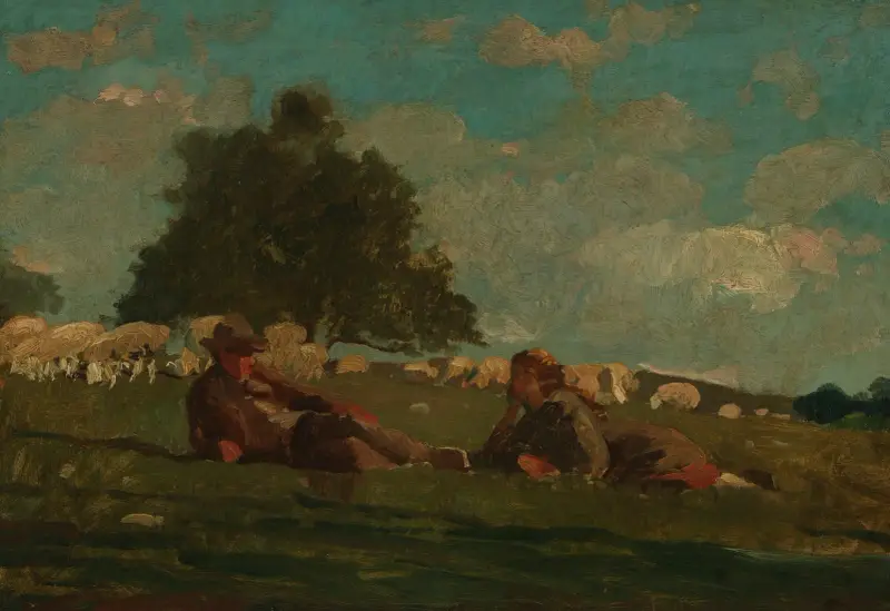 Pojke och flicka på en äng med får av Winslow Homer