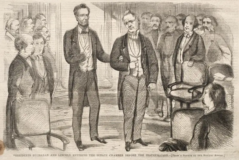 Presidenterna Buchanan och Lincoln på väg in i senatskammaren före invigningen av Winslow Homer