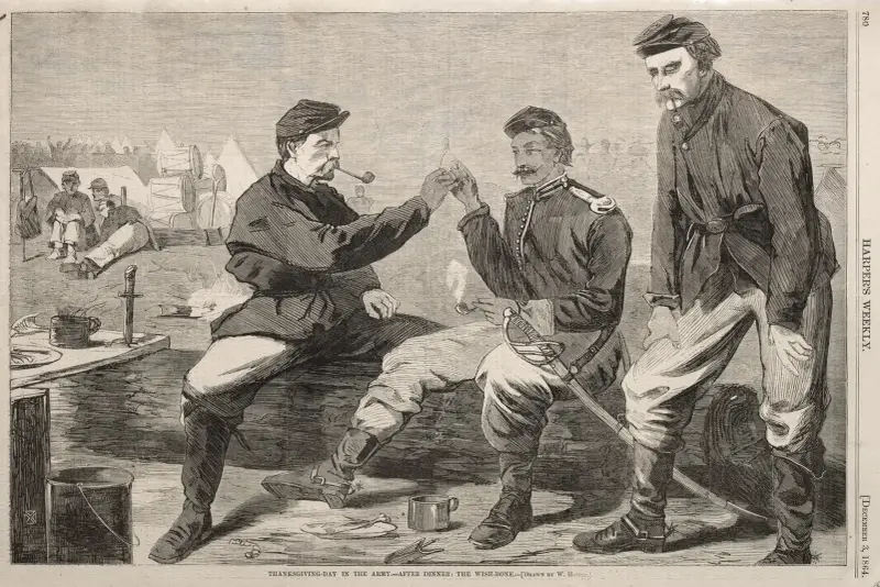 Den díkůvzdání v armádě – Po večeři; Kůstka přání, Winslow Homer