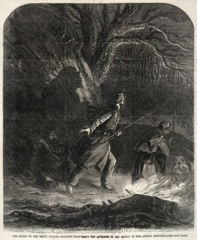 Förposten vid Tionde Indiana-regementet upptäcker rebellernas annalkande vid Mill Spring, Kentucky av Winslow Homer
