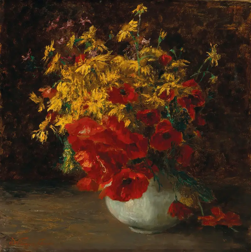 Strauß mit Waldblumen, Mohn und gelben Gänseblümchen in einer Vase von Olga Wisinger-Florian