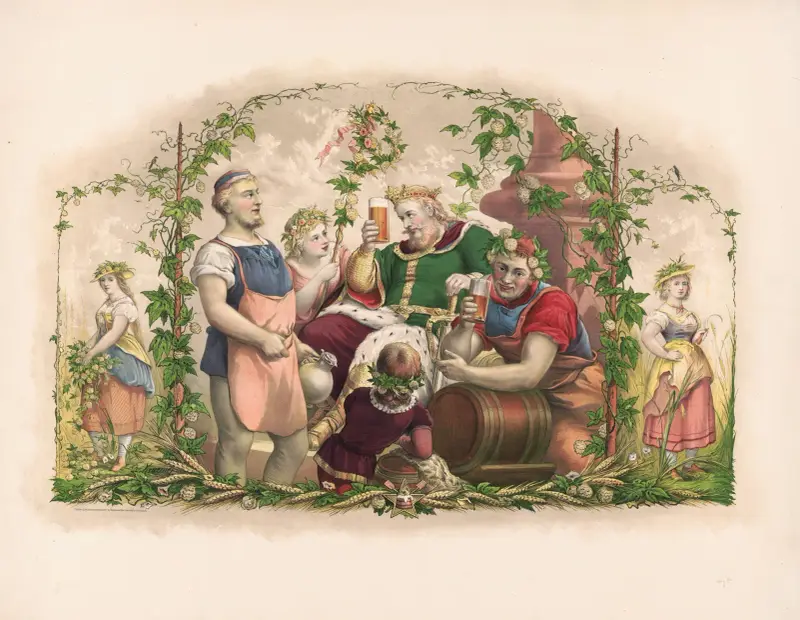 Kung Gambrinus sittande, omgiven av bryggare, 1878 – nr 2 av Wittemann Bros.